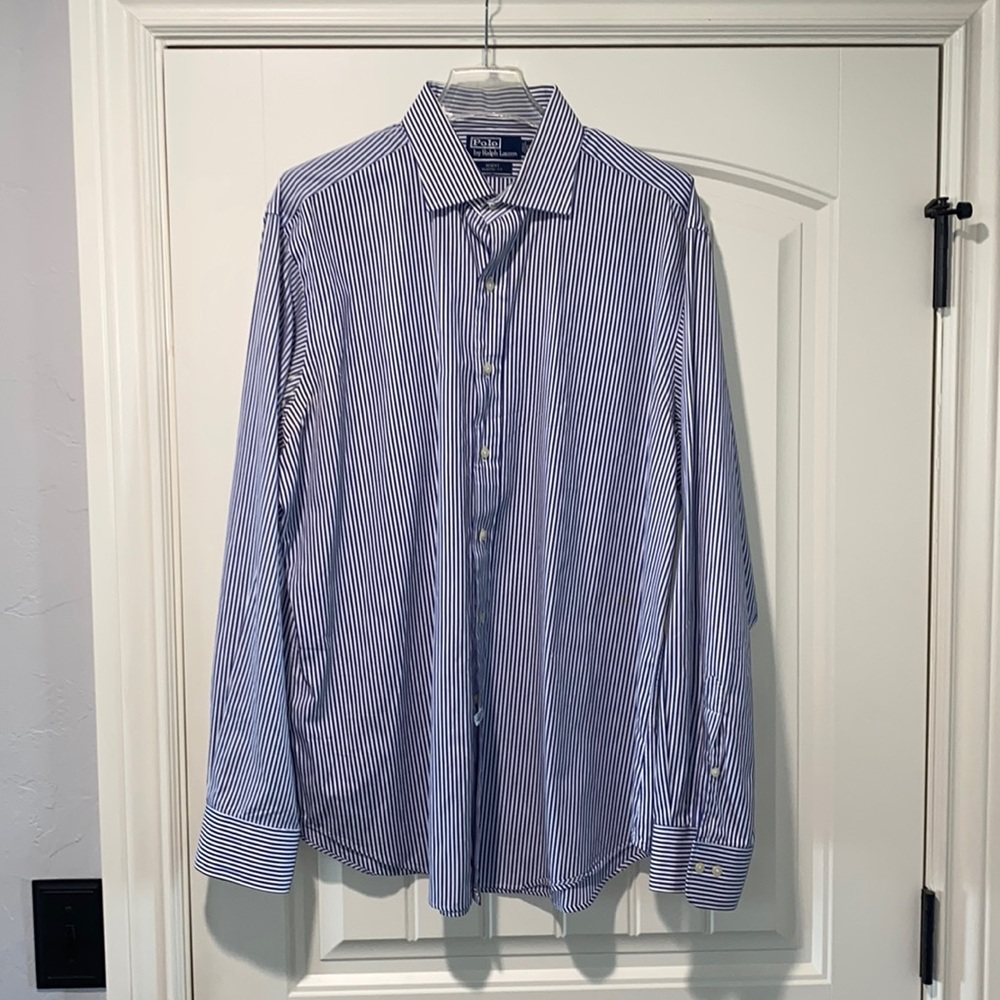 Polo Ralph Lauren Button Up Dress Shirt Royal Blue/White Bengal Stripe Sz 17/XL